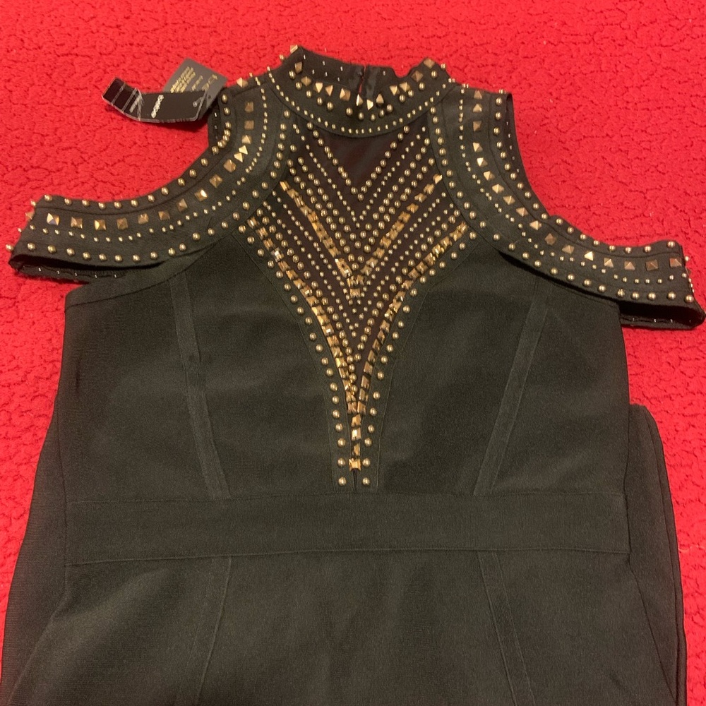 Bebe Dress | Black & Gold Studded Bandage Cutout Dress